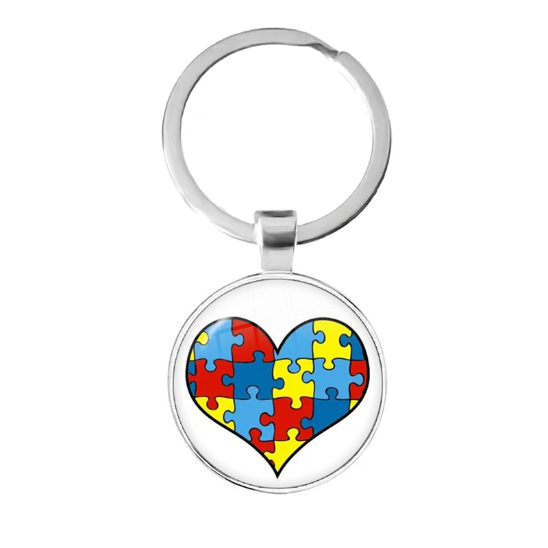 Autism Awareness Puzzle Ribbon Love Photo Round Glass Cabochon Keychain Bag Car Key Chain Ring Holder Charms Jewelry