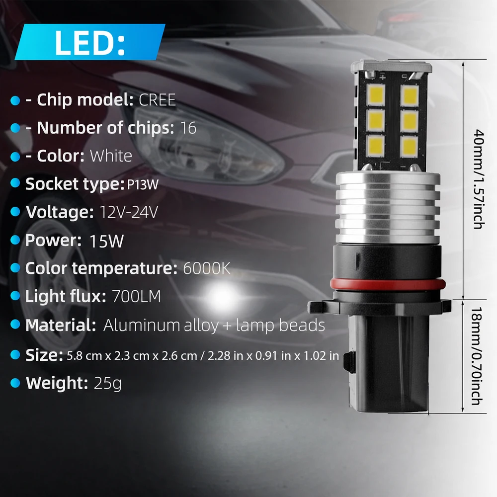 2 pcs LED Fog Light Bulbs lug-and-Play Installation For vehicles featuring P13W Fog LightSockets 12 V -24 V DC