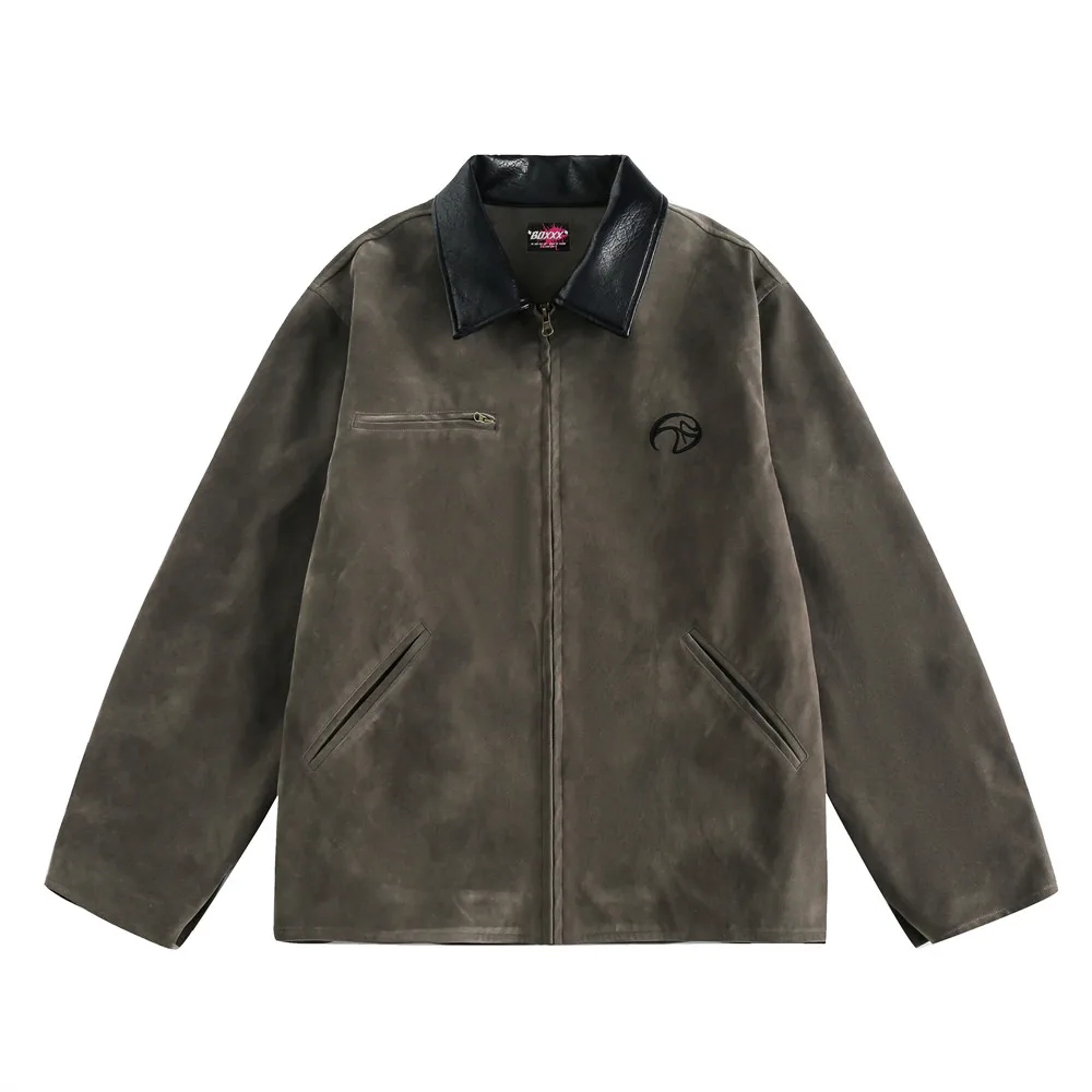 

American retro jacket men's spring and autumn street trend color matching pu leather lapel casual loose pilot zipper jacket