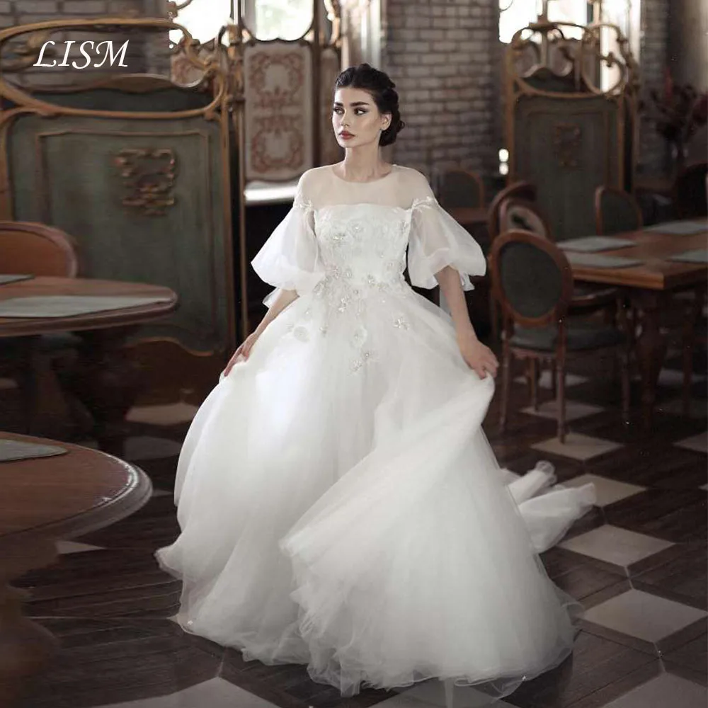 

Lism Customized Exquisite Wedding Dresses Beaded Appliques Half Sleeves Modest Bridal Gown Boho A Line Vestido De Novia 2026