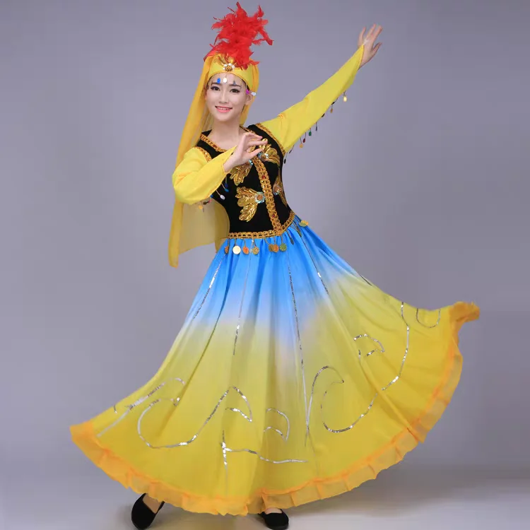 

Женские этнические танцевальные костюмы из Синьцзяна: пышные платья для казахских сценических выступлений и открытия представлений