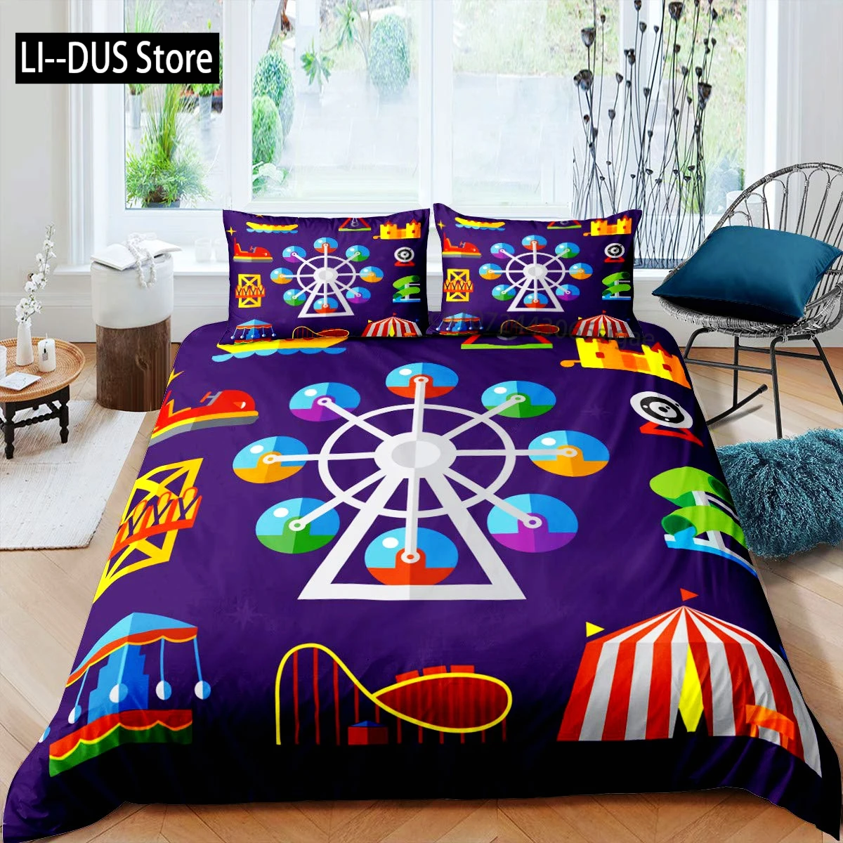 

Amusement Park Duvet Cover Set Polyester Ferris Wheel Ball Bedding Set Girl Cartoon Fairy Tale Queen Size 2/3pcs Comforter Cover