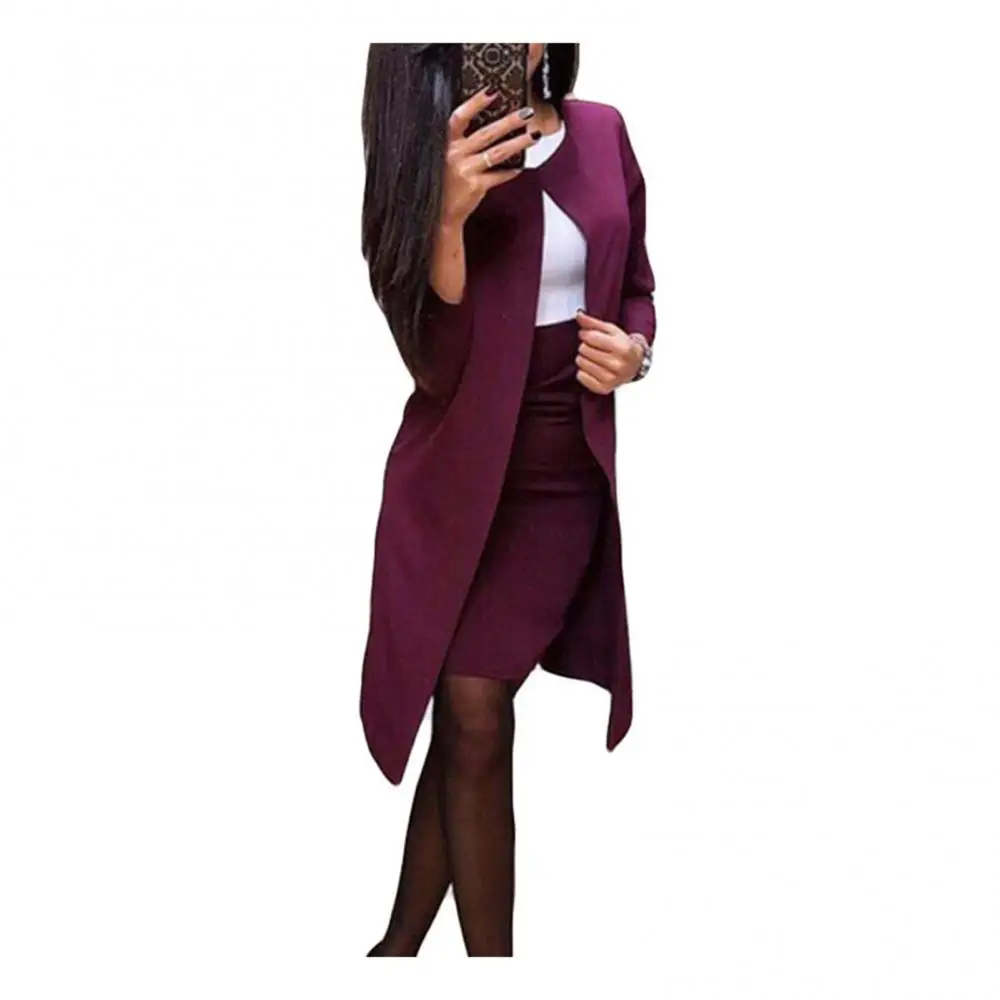 Solid Color Suit Skirt Bodycon Lady 2Pcs Office Autumn Long Blazer Jacket Mini Long Blazer Jacket Mini Lady