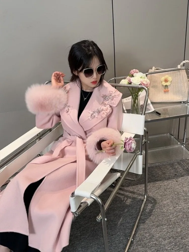 Women Elegant Winter Woolen Long  Coat Fashion Turn-Down Collar Diamonds Luxury Fox Fur Loose Fit Sashes Office Ladies Overcoat