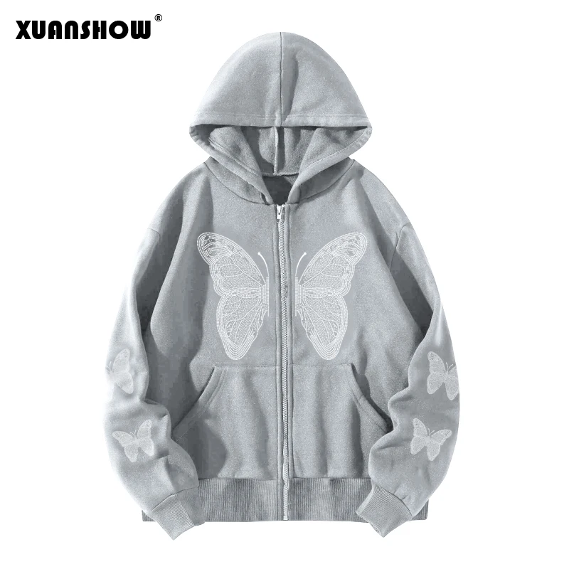 XUANSHOW Autumn Winter Women\'s Zip Up Hoodie Sweatshirt Butterfly Loose Zipper Front Pocket Casual Streetwear Hooded Jacket Coat