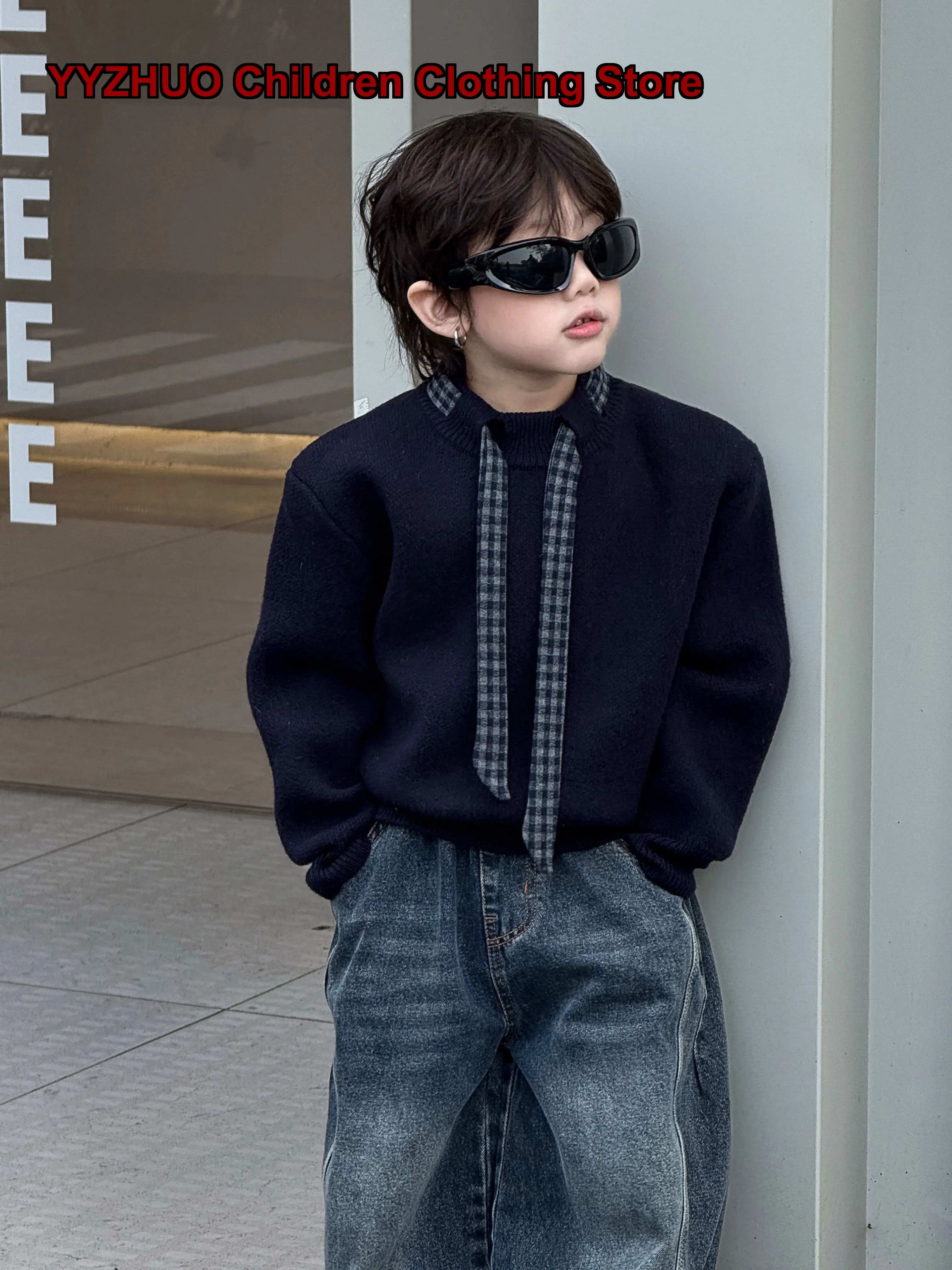Boys Spring Autumn Knit Tie Neck Shirt Older Kids Tops Korean Style Fall Clothing