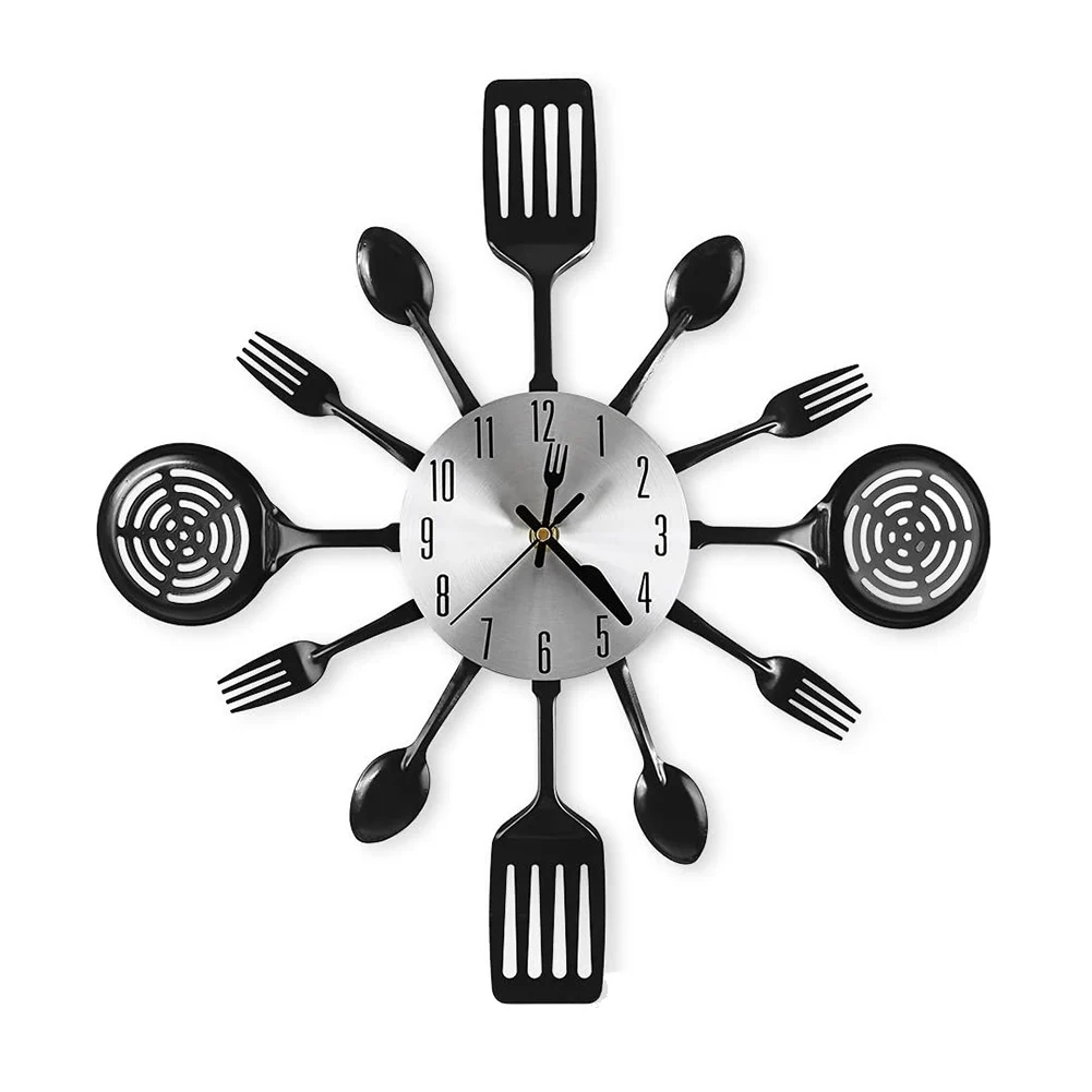 

16 Inch Large Kitchen Wall Clocks with Spoons and Forks,3D Tableware Wall Clock Room Home Decoration(Black)