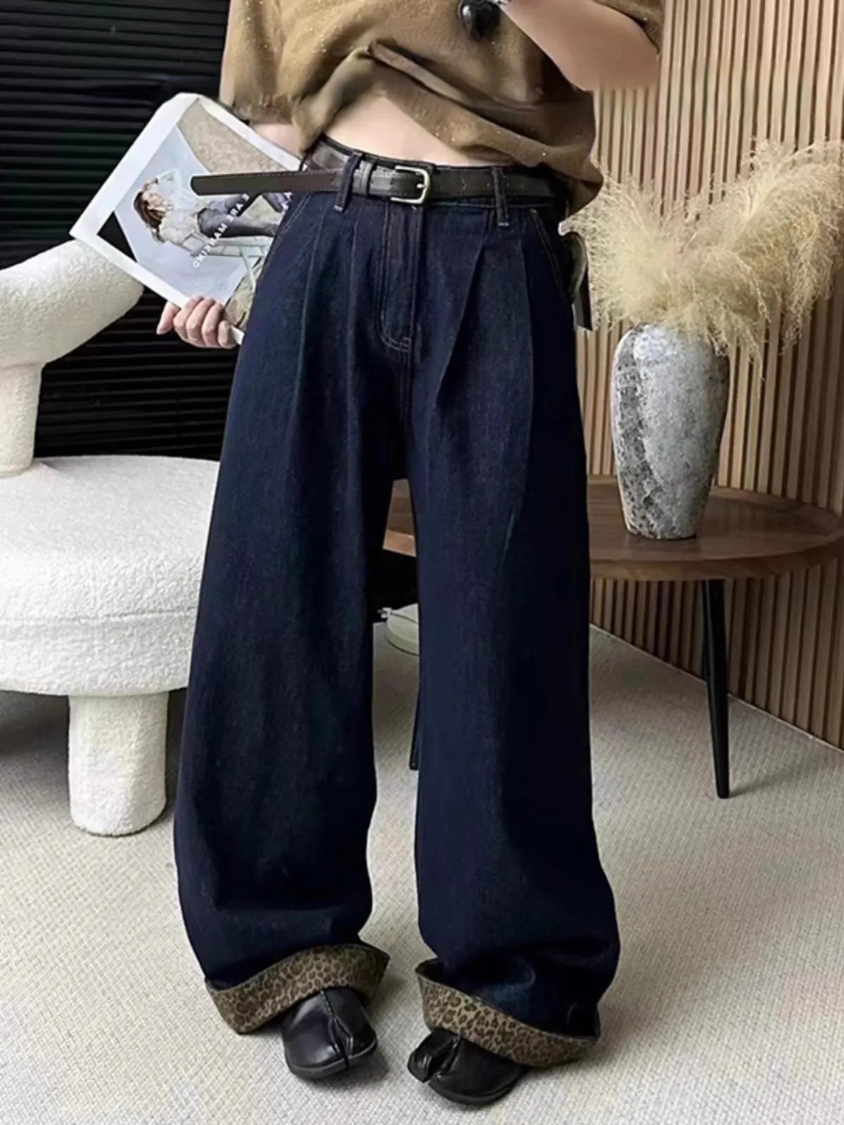 Y2K 와이드 레그 팬츠 여성 레오파드 프린트 롤드 엣지 플리츠 디자인 다크 다목적 슬림 바닥 길이 가을 청바지