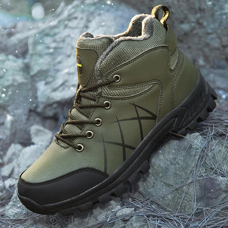 

Winter Men's Boots High Top Hiking Shoes Warm Plush Ankle Boots Waterproof Leather Sneakers Outdoor Male Hiking Boots Work Shoes