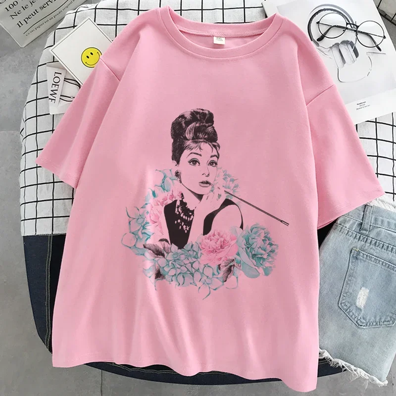 Audrey Hepburn Print Pink T-shirt Women New White O-neck Summer Tops Tshirt Harajuku Korean Aesthetic Streetwear Female T Shirt