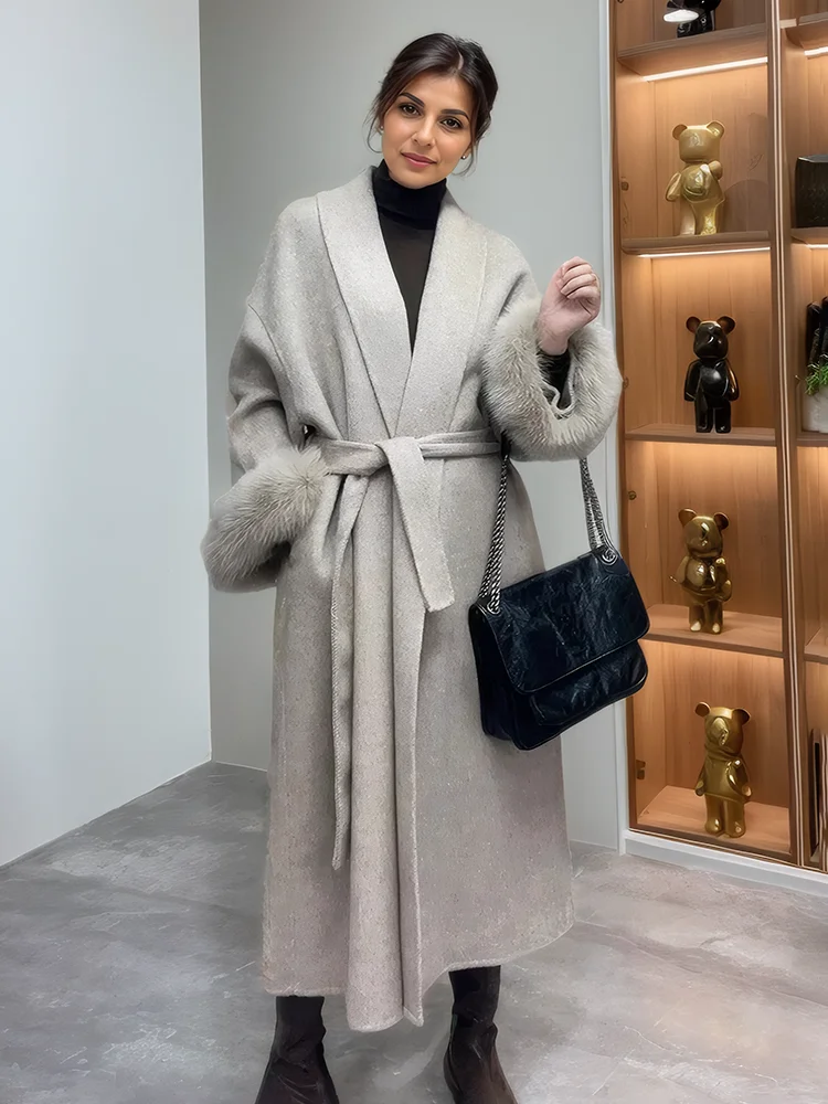 TARUXY Fur Cuff Belted Woolen Coat For Women New Big Size Lapel Full Sleeve Female Solid Long Jacket Fashion Autumn Winter 2025