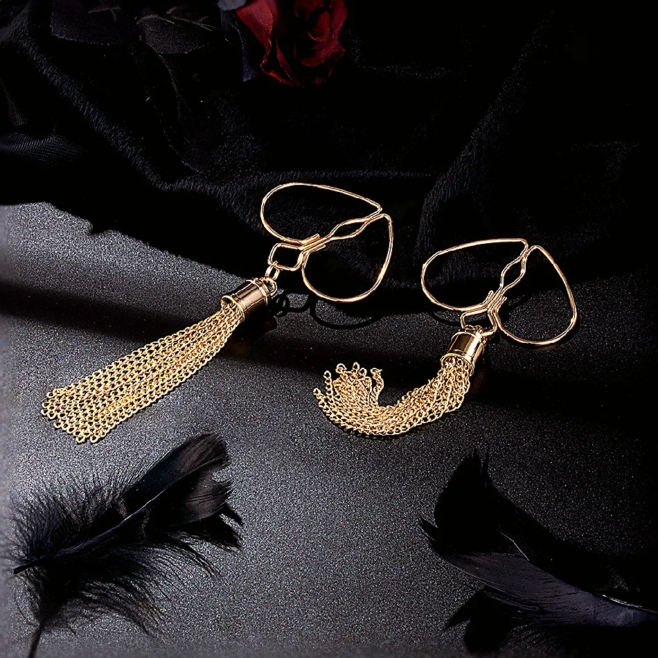 Golden Heart Peach Shaped Ring Pendant Tassels Nipple Clamps Non Piercing Body Jewelry Female Flirt Sex Toys Metal Nipple Clips