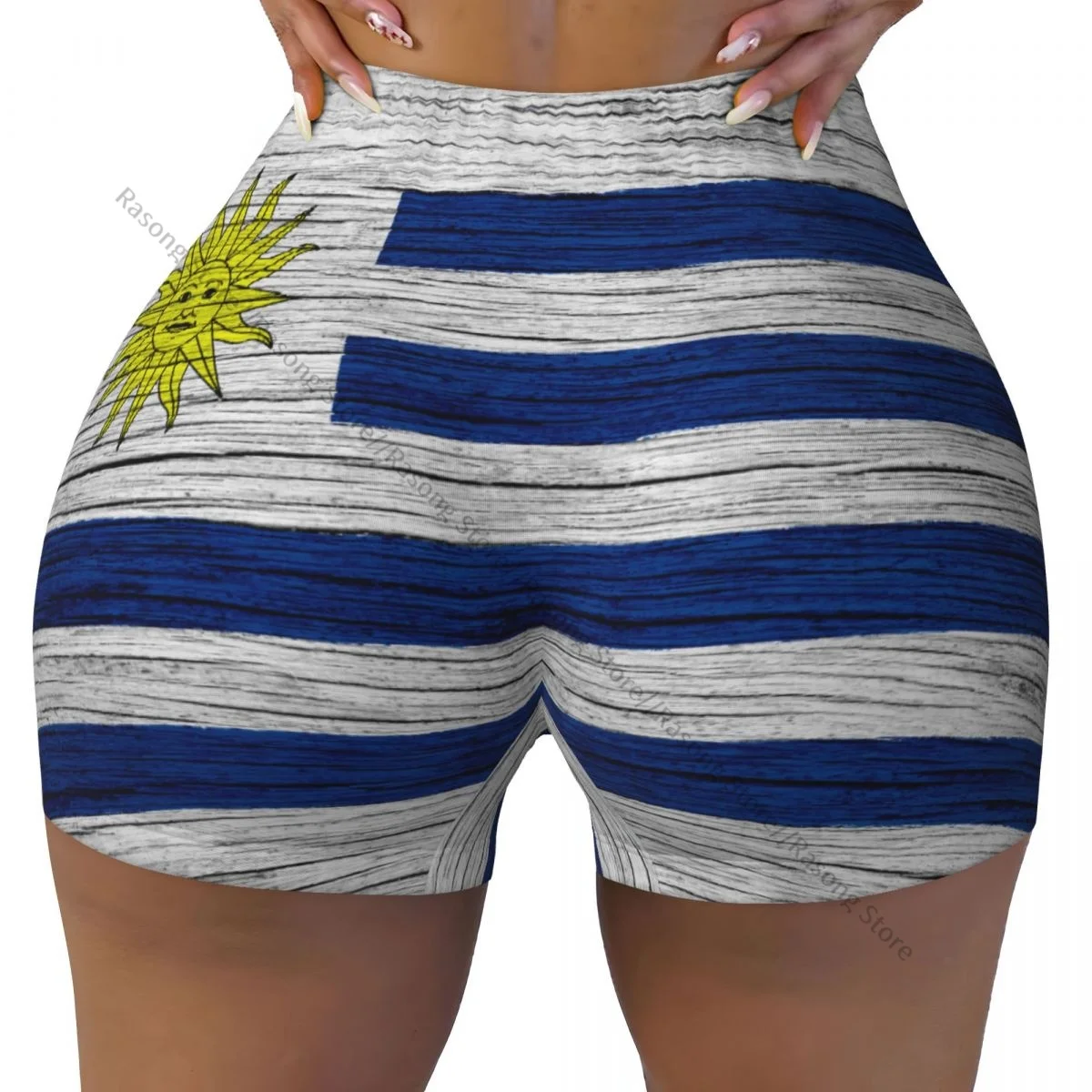 Spandex-Yoga-Shorts für Damen, Flagge von Uruguay, Holzstruktur, Workout-Booty-Shorts