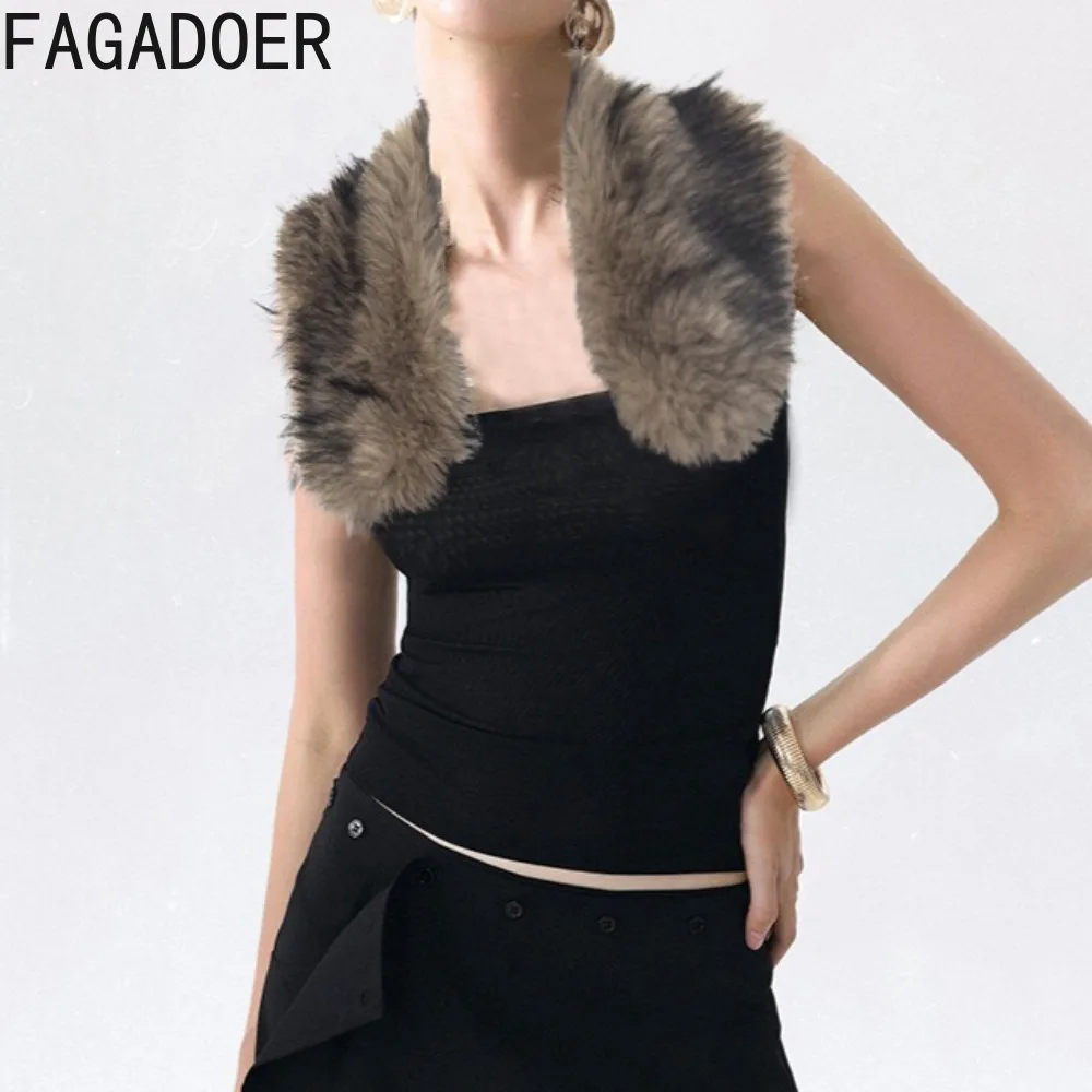 FAGADOER مثير الفراء المرقعة Bodycon تي شيرت المرأة بلون انظر من خلال عارية الذراعين التي شيرت الإناث ملابس الشارع الشهير 2025 جديد