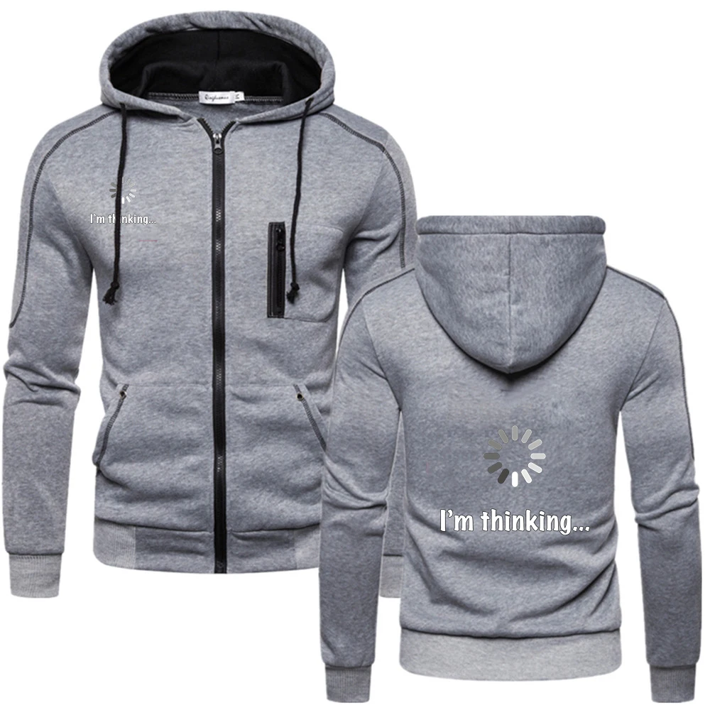 2025 Spring Autumn I‘m Thinking Funny Logo Print Men's Solid Color Casual Outdoor Hooded Tracksuit Long Sleeves Jacket Coat