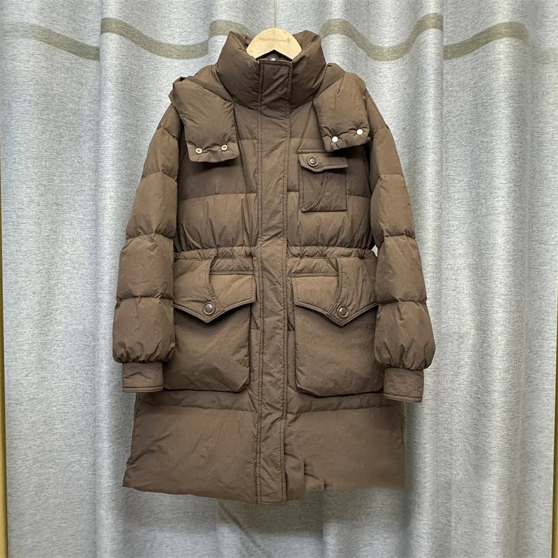 Zimowa ciepła kurtka puchowa damska do połowy łydki z kapturem, z białego puchu kaczego, z wieloma kieszeniami, parka, odzież wierzchnia damska, zapinana na zamek, gruba, luźna kurtka.