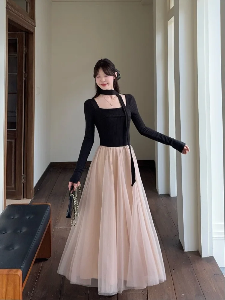 

plus Size Knot Belted Dress Square Collar Slimming Design Splice Long Dress Commute Style Korean Version A-Line Skirt
