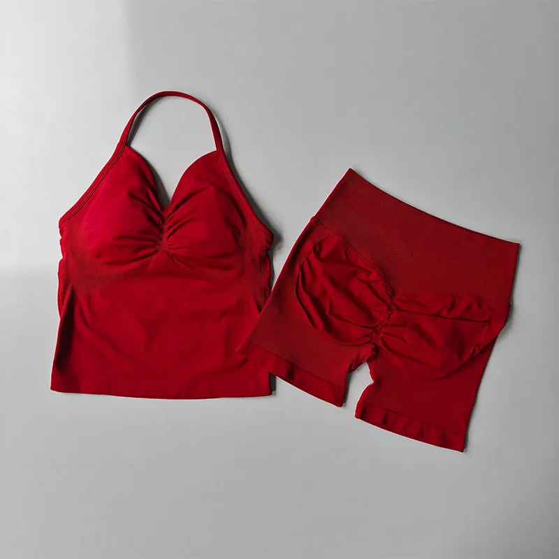 Nahtloses Fitness-Zweiteiler-Set für Damen, hochelastischer gestrickter Sport-BH und Yoga-Shorts-Set, schönes Rückendesign, Po-Lifting-Weste – Detail 5