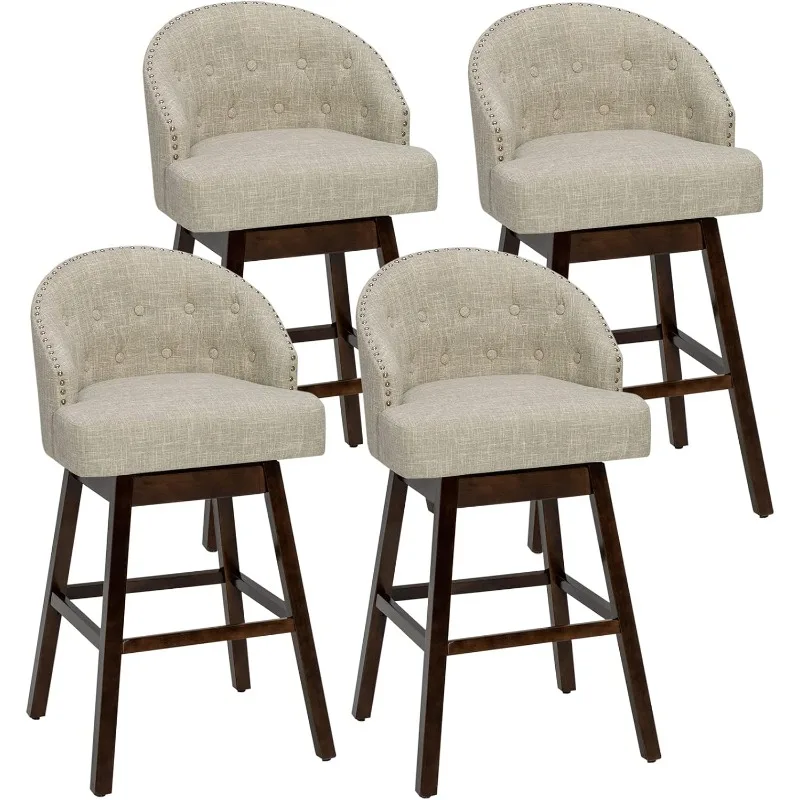 Bar Stools Set of 4, 31’’ Swivel Bar Stools with Rubber Wood Legs & Padded Back, Breathable Linen Fabric, Stylish Tufted Design