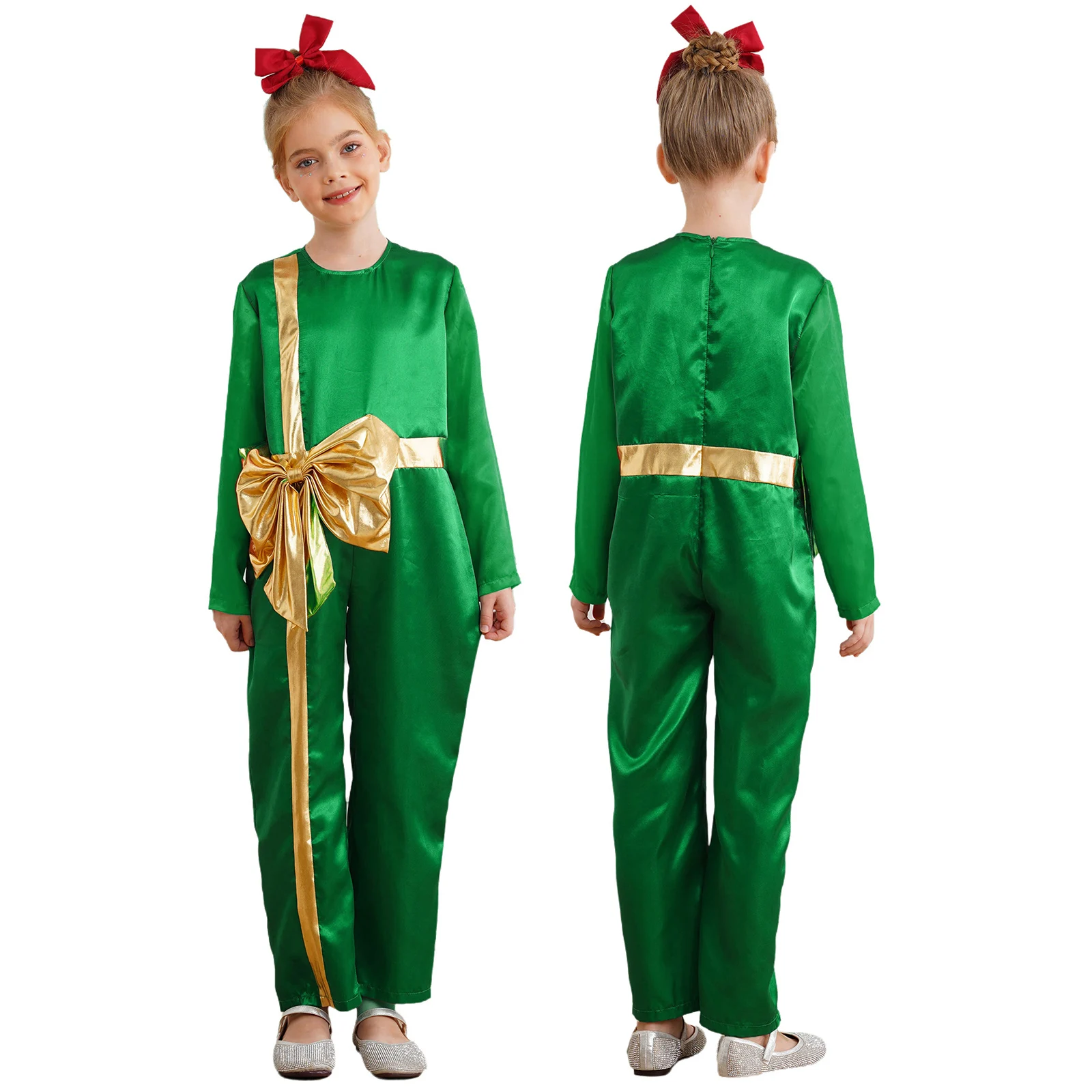 6-16Y Boys Girls Christmas Jumpsuit Xmas New Year Party Halloween Santa Gift Box Cosplay Costume Long Sleeve Bow Knot Bodysuit