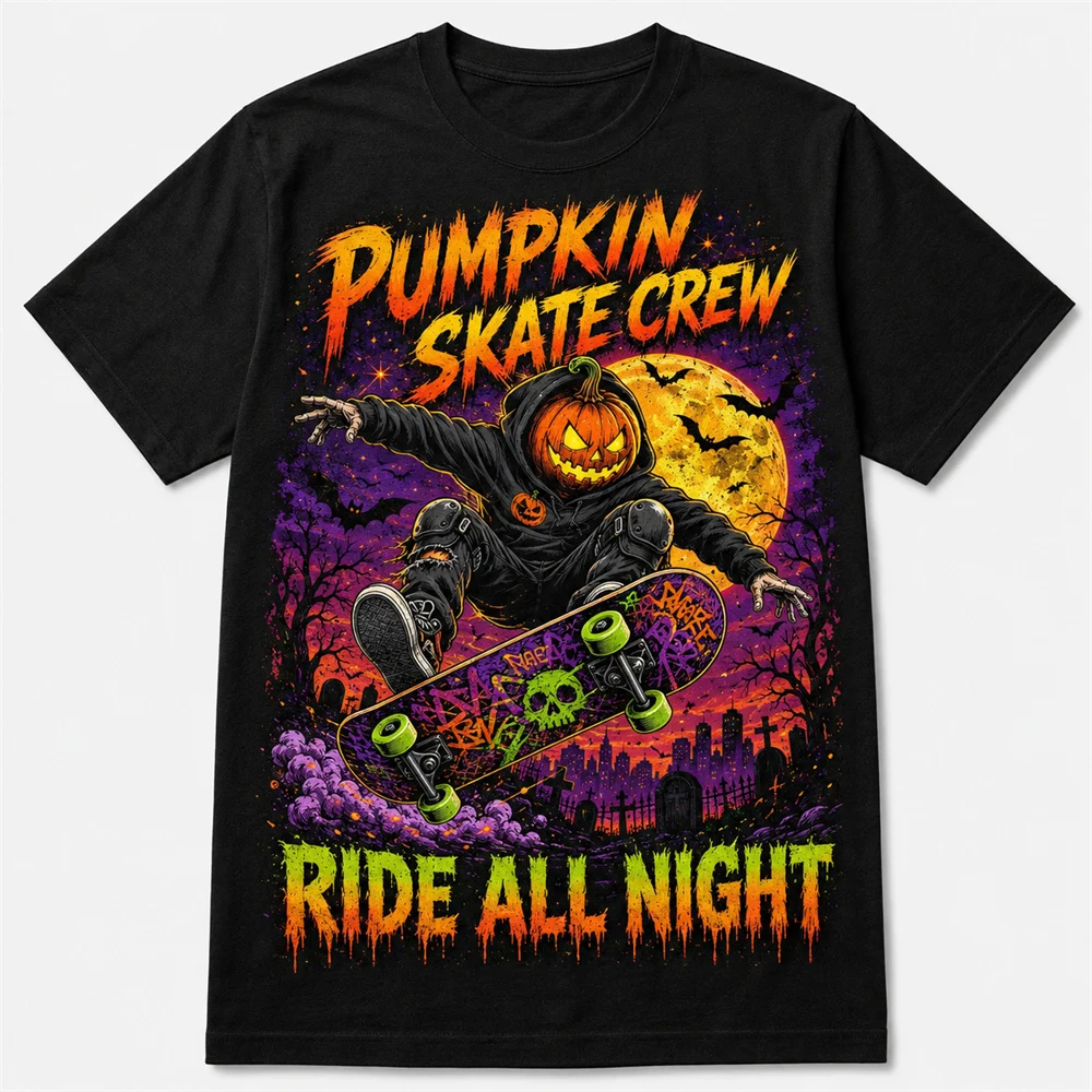 Funny Halloween Skate T Shirt Skeleton Vampire Zombie Ghost Graphic Print T-shirt Trick Or Roll Festival Street Short Sleeve Tee