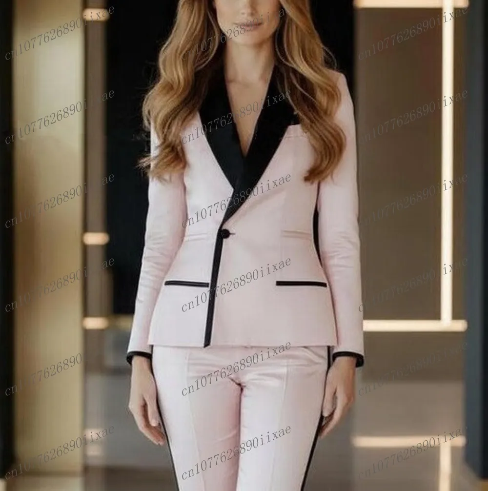 Rosa claro e preto feminino ternos senhora negócios escritório smoking mãe festa de casamento formal senhoras 2 peça conjunto jaqueta calças
