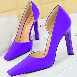 BIGTREE Sexy Women 11cm Block High Heels Pumps Designer Square Toe Green Purple Stripper Chunky Heels Lady Party Shoes Big Size