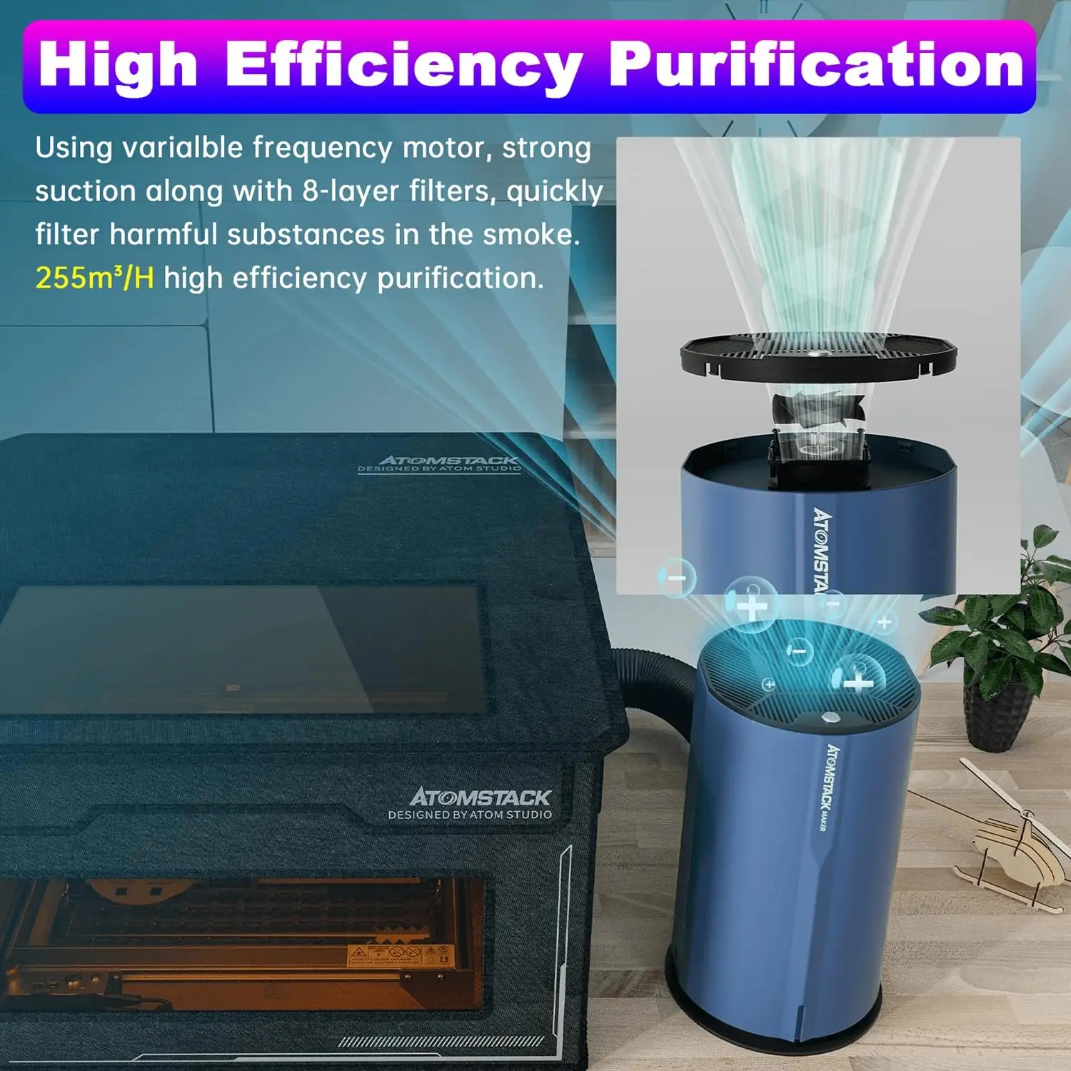 ATOMSTACK D2 Air Purifier For Laser Engraver Air Purification 8 Filter Layers 99.97% Filtration Odors Smoke For FB2 Enclosure