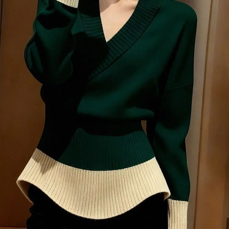 Women's French Vintage Color Block V-Neck Long Sleeve Pullover Sweater High-End Autumn Winter Tunic Top