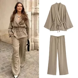 Solid Linen Belt Lace Up Pant Spring Summer Set Women 2 Pieces Sets Chic Lapel Long Sleeve Shirts Flare Drawstring Trousers