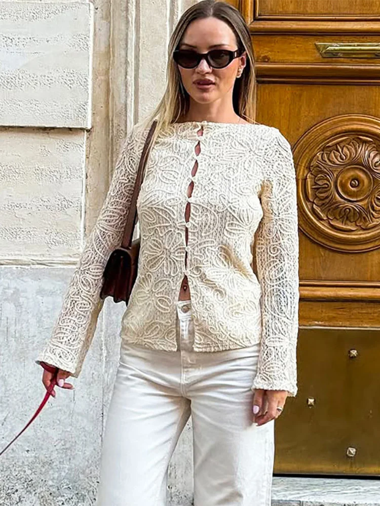

Trendix Lace Elegant Embroidery Shirts Women Autumn New Hollow Out Slim Long Sleeve T-Shirts Fashion Off Shoulder Cardigan Top