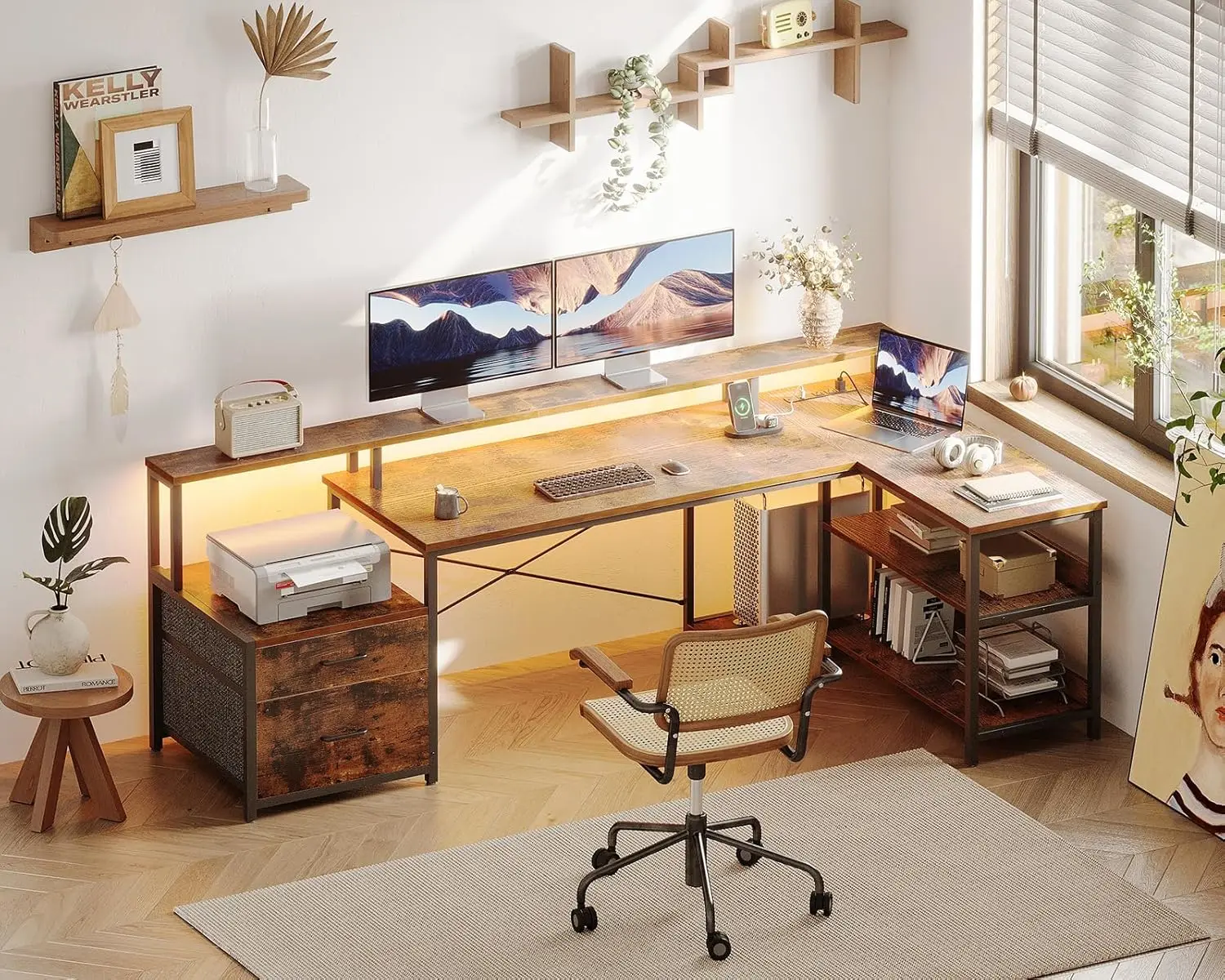 L Shaped Desk with File Drawer, 75" Reversible L Shaped Computer Desk with Power Outlet & LED Strip, Corner Desk, Vintage