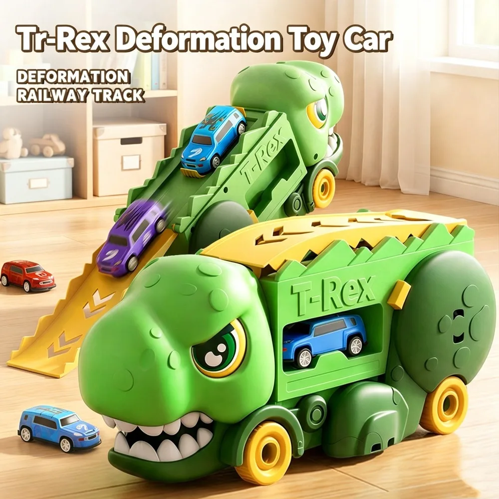inosaur Transporter Truck with Deformed Ramp Track T-Rex Car Carrier Sliding Racetrack Toy for Kids Children Boys Girls