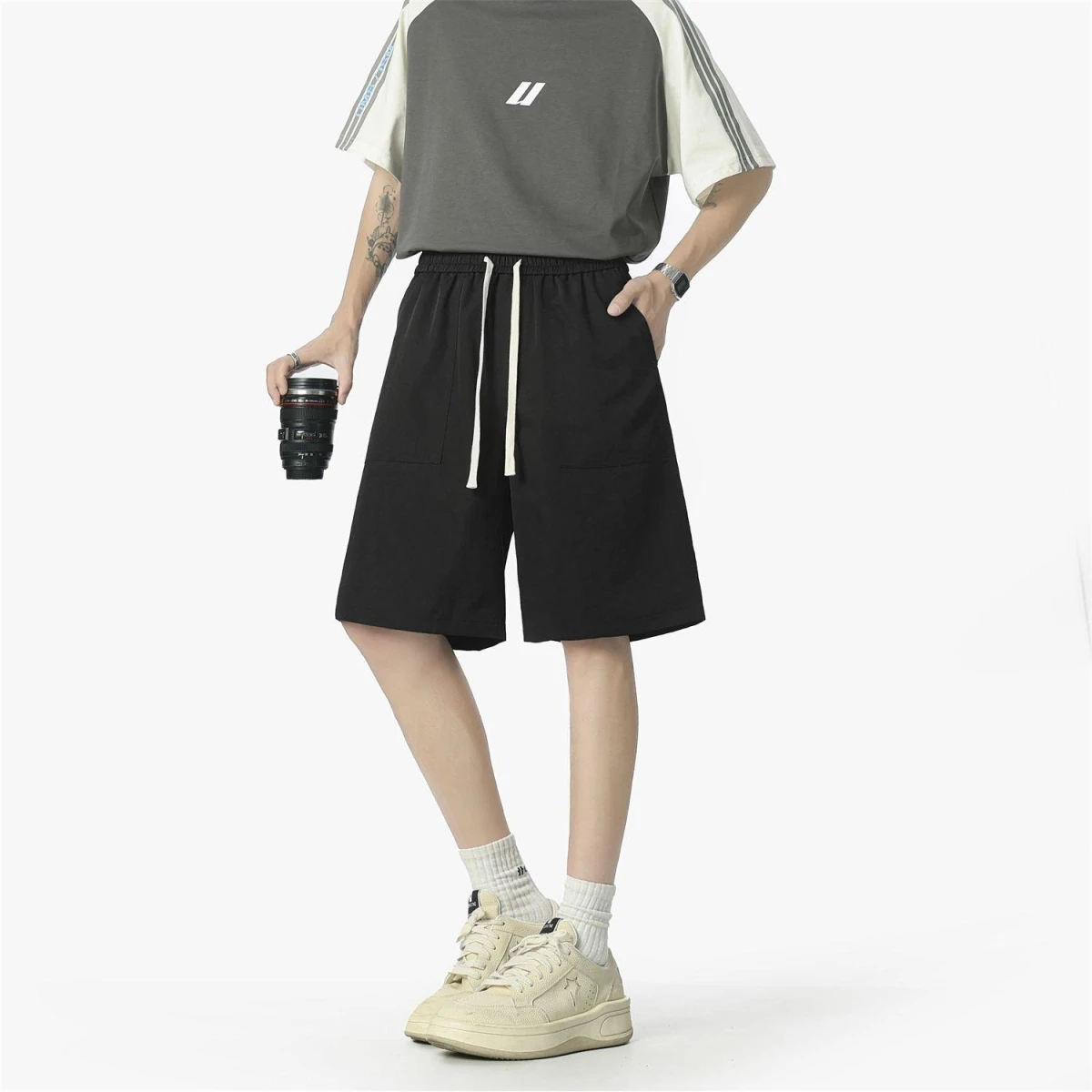 

Мужские летние шорты из ледяного шелка, свободные, больших размеров, простые, из полиэфирного волокна, со средней посадкой