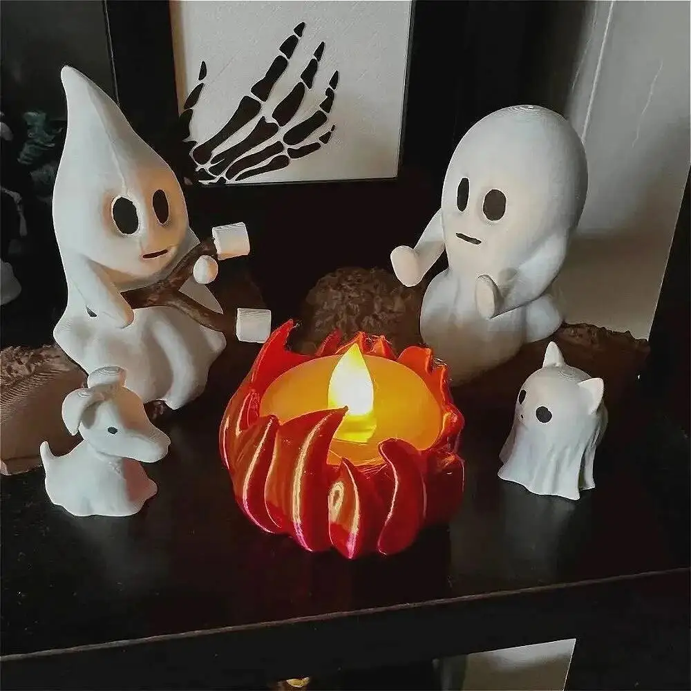 Halloween Ghost Campfire Dog Cat Statue Set Decor Spooky Outdoor Party Haunted House Props Scary Backyard Gathering Decoration