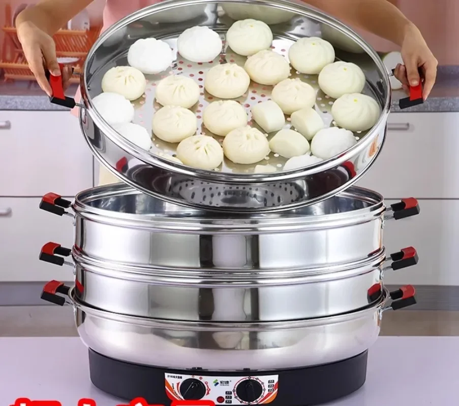 Large electric steamer commercial plug-in, thermal insulation stainless steel self-power-off, three-layer steamed steamed buns
