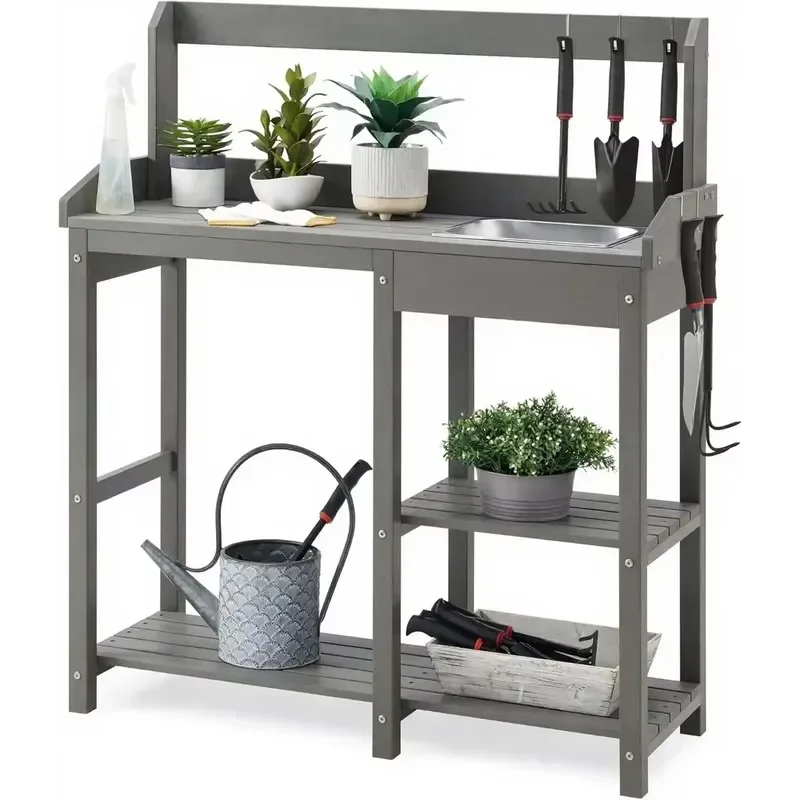 Outdoor Polyethylene Wood Garden Potted Plant Table with Removable Sink and Triple Storage Rack