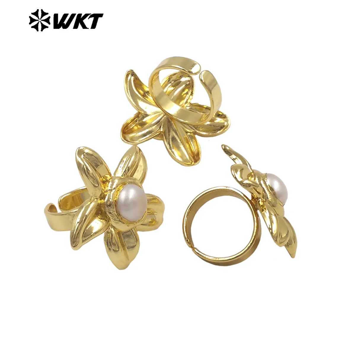 WT-MPR170 Popular Design 18K Gold Electroplated Natural Freshwater Pearl Flower Shape Ring Adjustable Size For Girls Jewelry