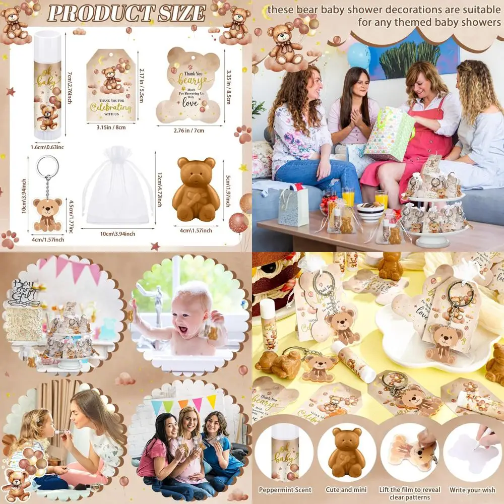 

Baby Shower Favors: 48 Sets of Lip Balms, Soaps, Keychains, Bags, Tags & Cards for Unisex Shower Gifts (Brown, Bear Theme)