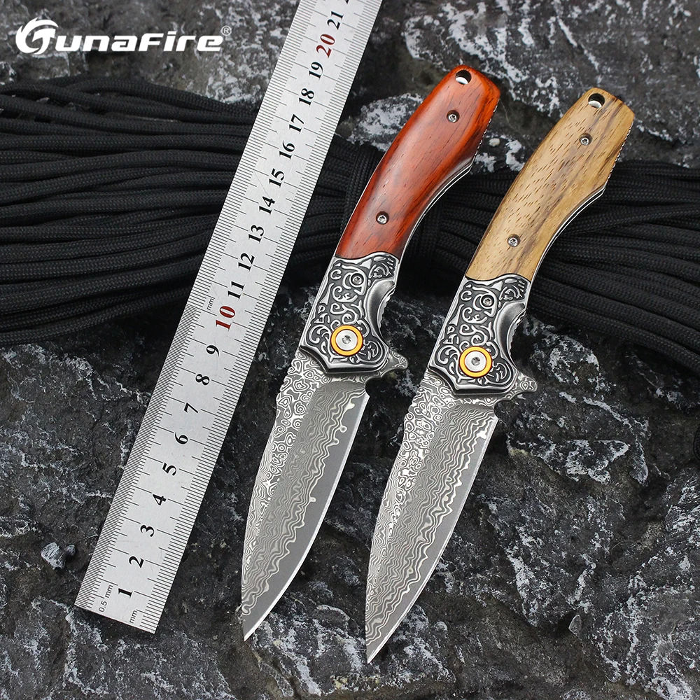 

Tunafire GT-DM023 Folding Knife 60HRC Damascus steel blade Wood Handle Outdoor Survival Hunting Tactical Military Knife Tools