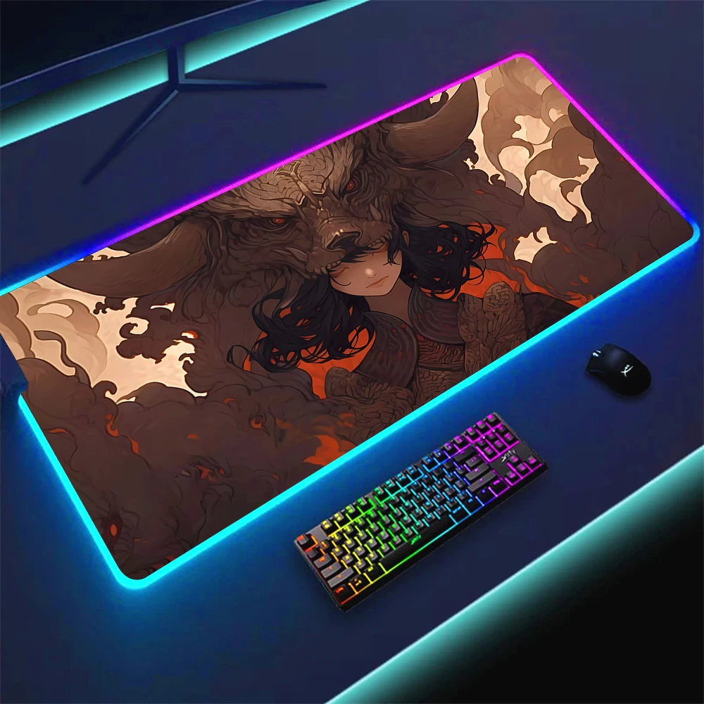 Cool Wolf Girl Art Large LED Mouse Pad Home PC Anime E-Sport Gaming Accessories Desk Mat RGB Laptop Backlight Mousepad XL Carpet