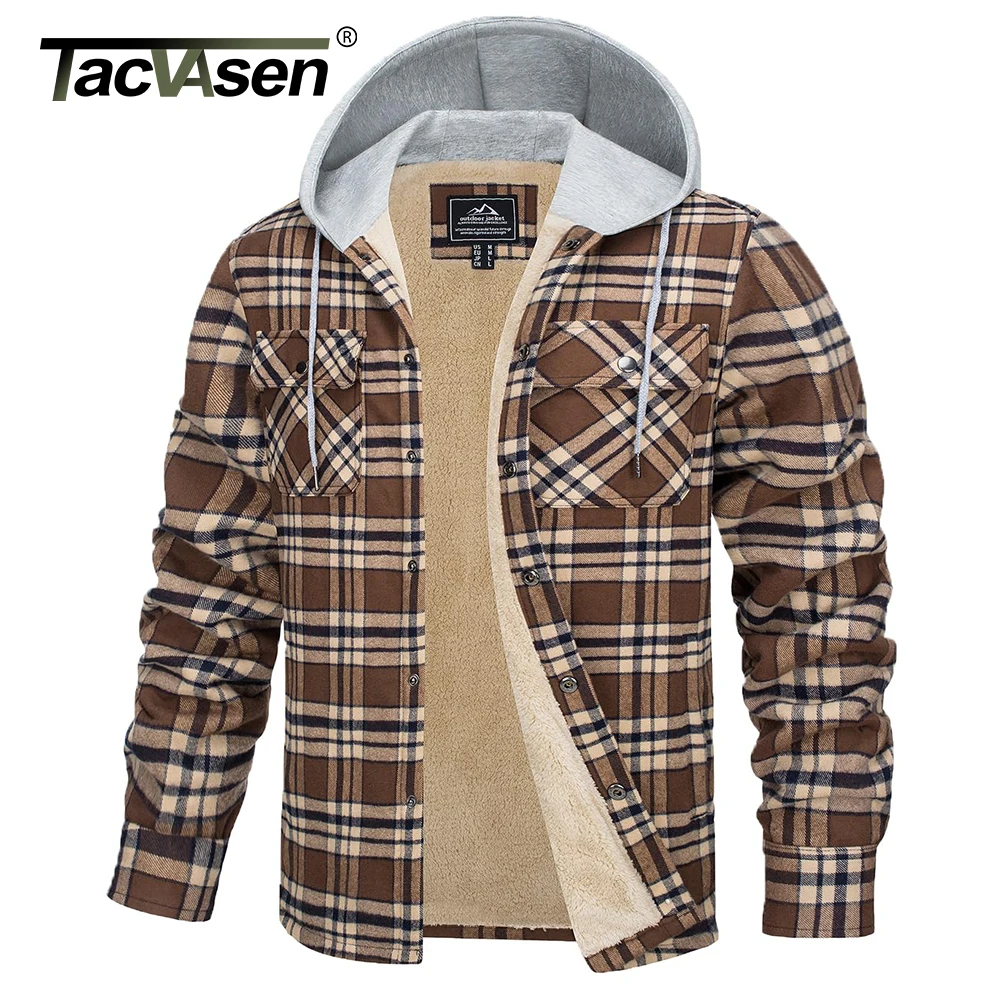 TACVASEN Men's Flannel Shirt Jackets Cotton Soft Fleece Lined Button Down Plaid Quilted Winter Hooded Coats Thick Hoodie Outwear