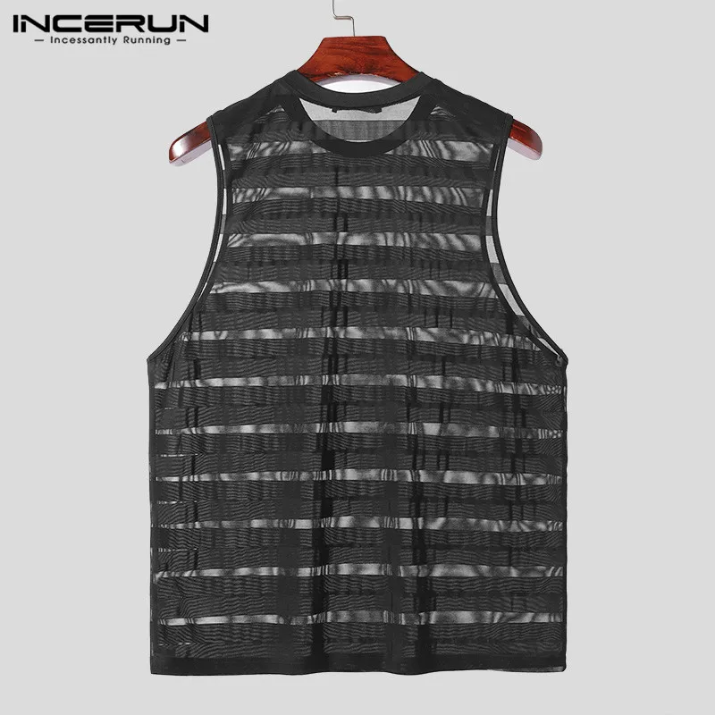 2024 Men Tank Tops Mesh Striped Transparent O-neck Sleeveless Summer Casual Vests Streetwear Sexy Fashion Men Clothing INCERUN