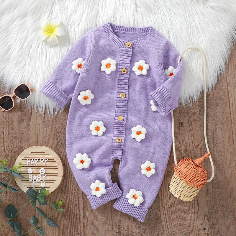 Baby Rompers Long Sleeve Autumn Infant Girl Jumpsuit Fashion Cute 3D Florals Newborn Kid Clothes 0-18M Knit Overalls Warm Winter