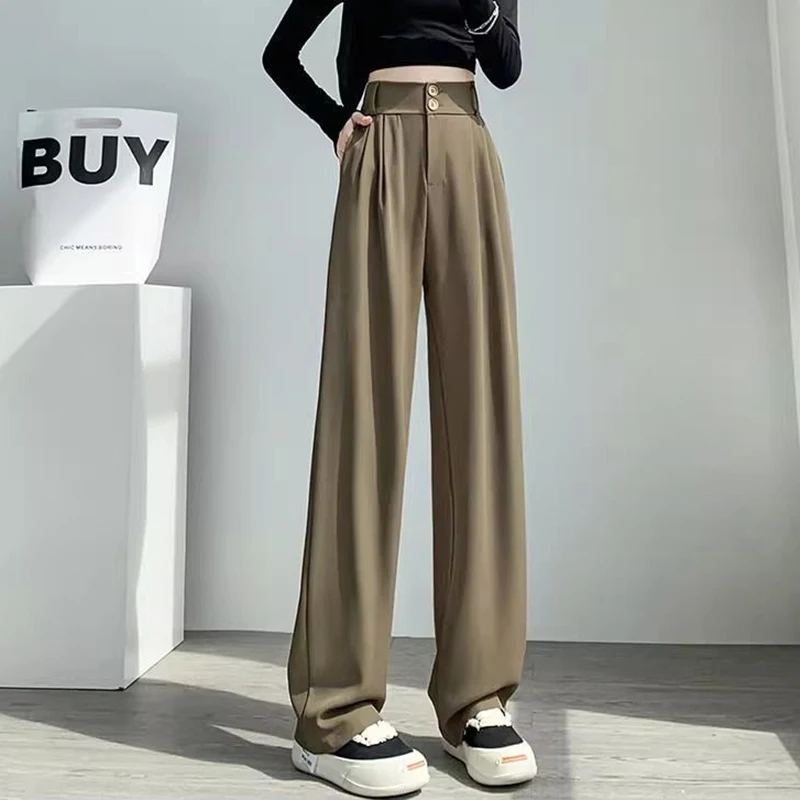 Pantalones de traje informales de cintura alta para mujer, pantalones de pierna ancha holgados coreanos para niñas, pantalones largos clásicos de moda para uso diario