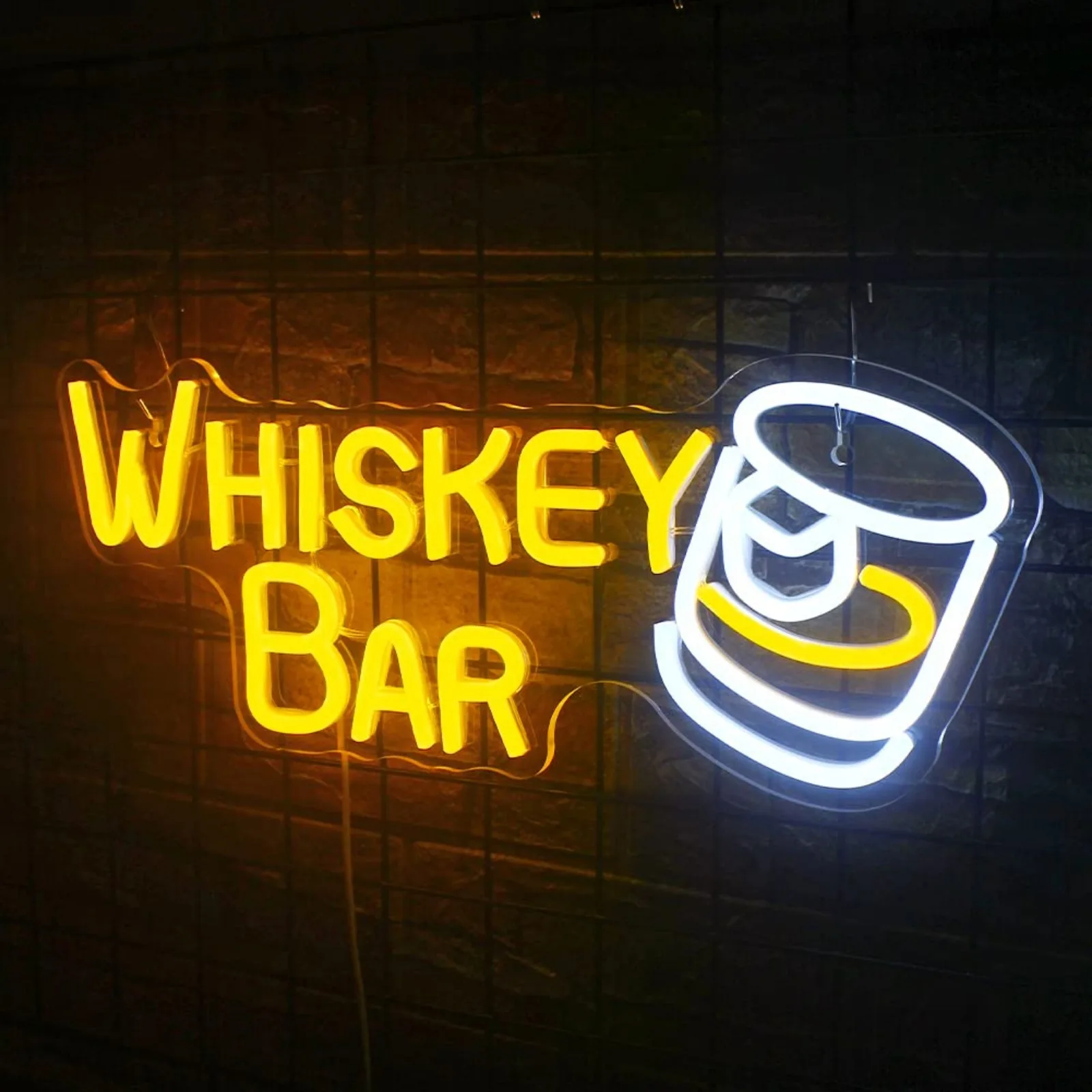 

Wall decoration with neon lights illuminating bar logo, neon light logo, family bar cart restaurant, small bar club party