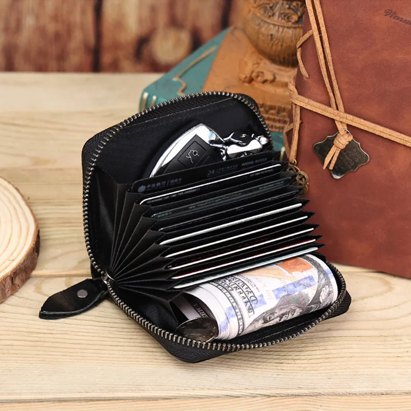 Schwarzes Kartenetui für Visitenkarten, Rindsleder, echtes Leder, Tickets-Organizer, Reißverschluss, Mini-Geldbörse, Bank- und Kreditkartenetui