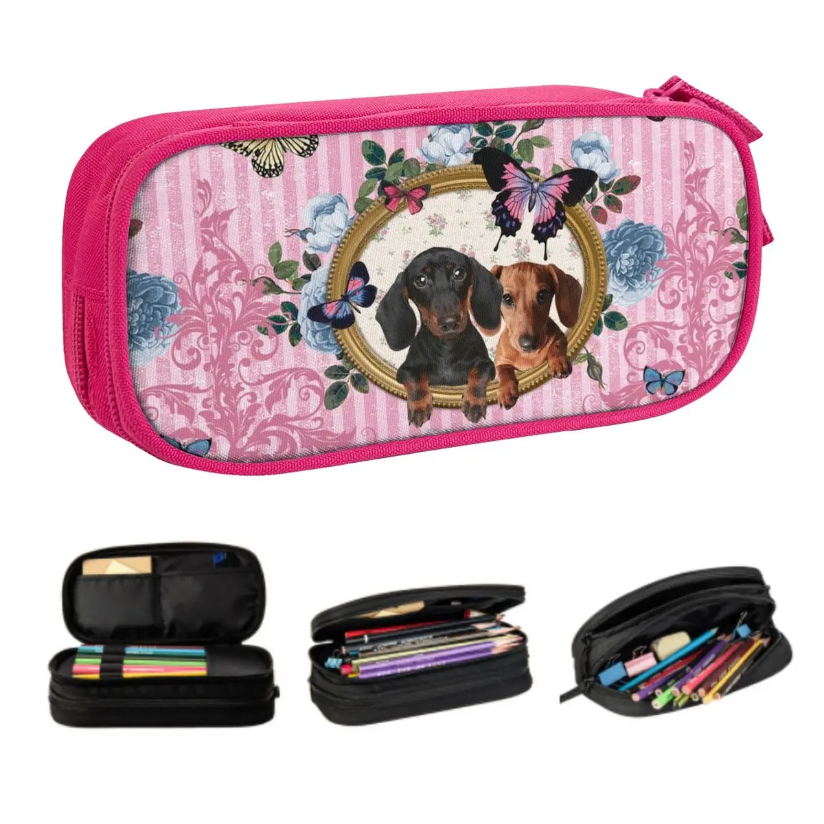 Custom Dachshund Dog And Butterfly Pencil Case for Boy Girl Big Capacity Badger Wiener Sausage Pen Box Bag Stationery