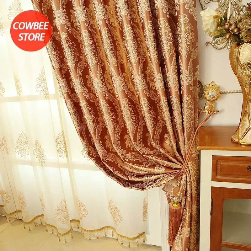 Jacquard Gold Curtains for Living Room Luxury Curtains for Bedroom Embroidered Backdrop Windows Blackout European Tulle Valance