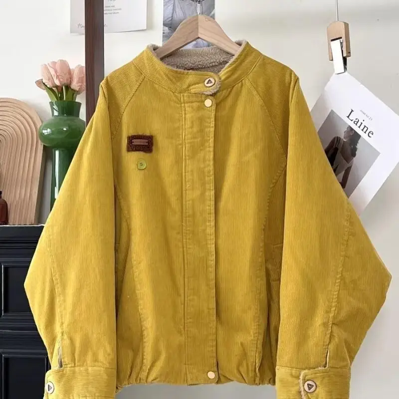 

Women Winter Coat Autumn Winter New Retro Loose Fashion Thick Warm Zipper Stand Collar Long Sleeve Cotton Coat Jacket